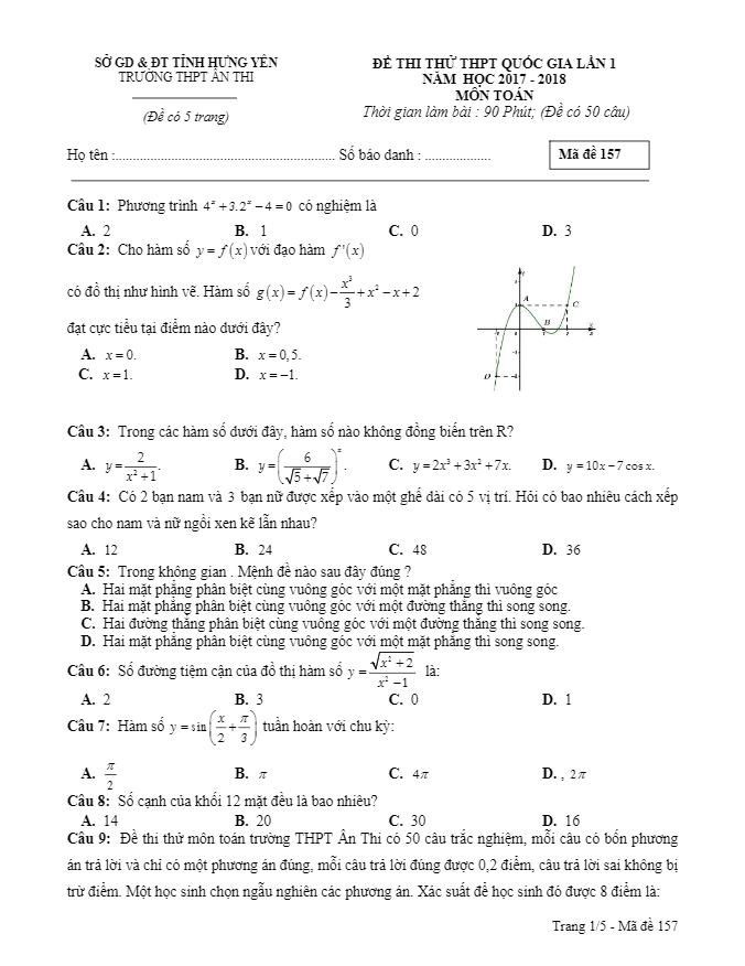 đề thi thử môn toán 2018 thptqg trường thpt ân thi – hưng yên lần 1