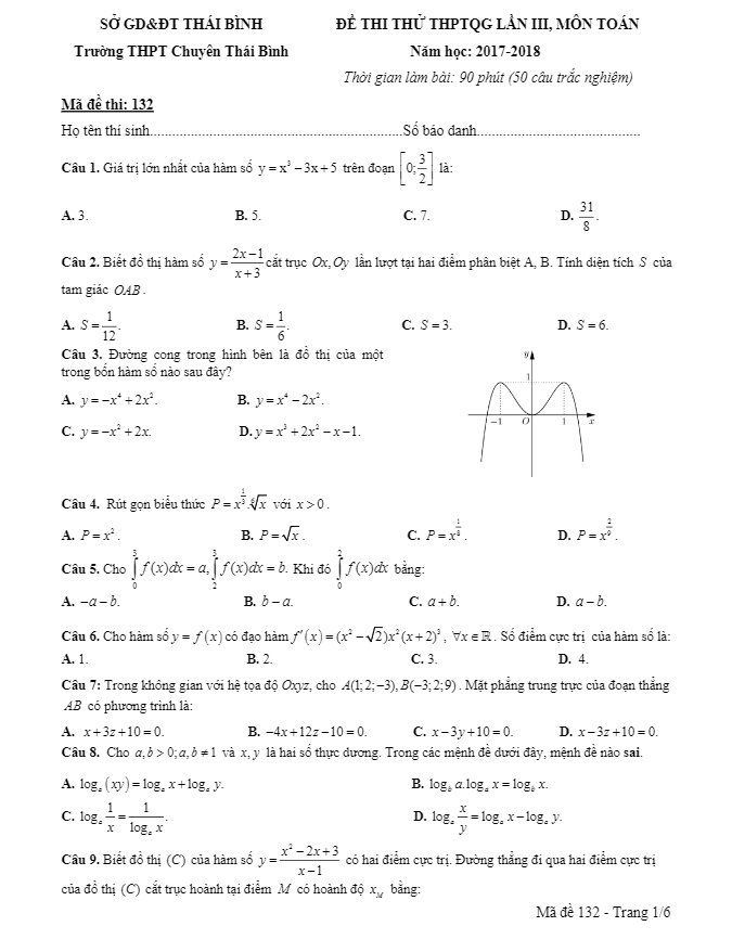 đề thi thử môn toán 2018 thptqg trường thpt chuyên thái bình lần 3