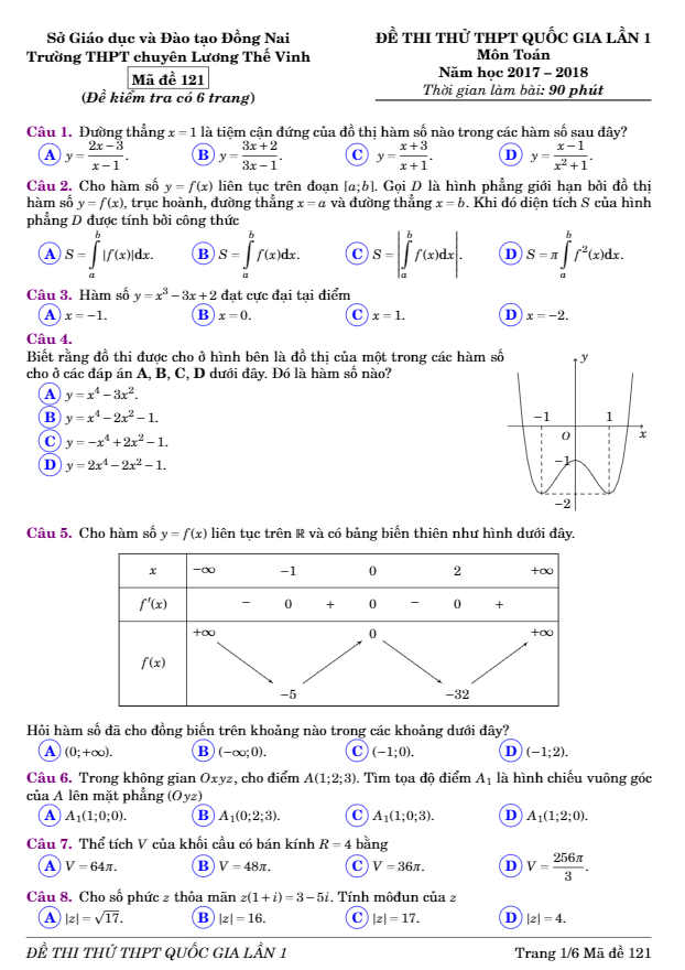 đề thi thử môn toán 2018 trường thpt chuyên lương thế vinh – đồng nai lần 1