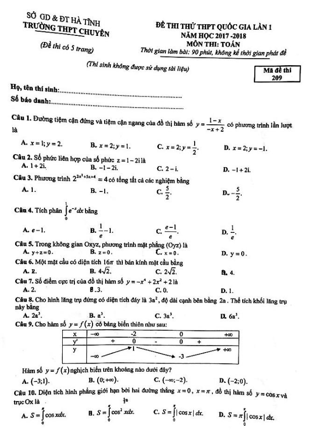 đề thi thử môn toán thpt quốc gia 2018 trường thpt chuyên hà tĩnh lần 1
