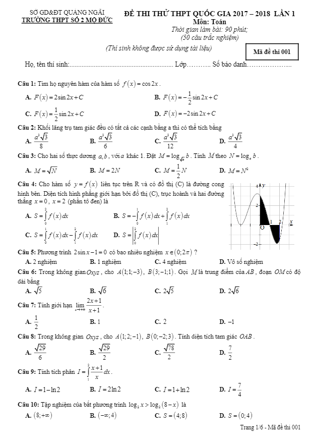 đề thi thử môn toán thptqg 2017 – 2018 lần 1 trường thpt số 2 mộ đức – quảng ngãi