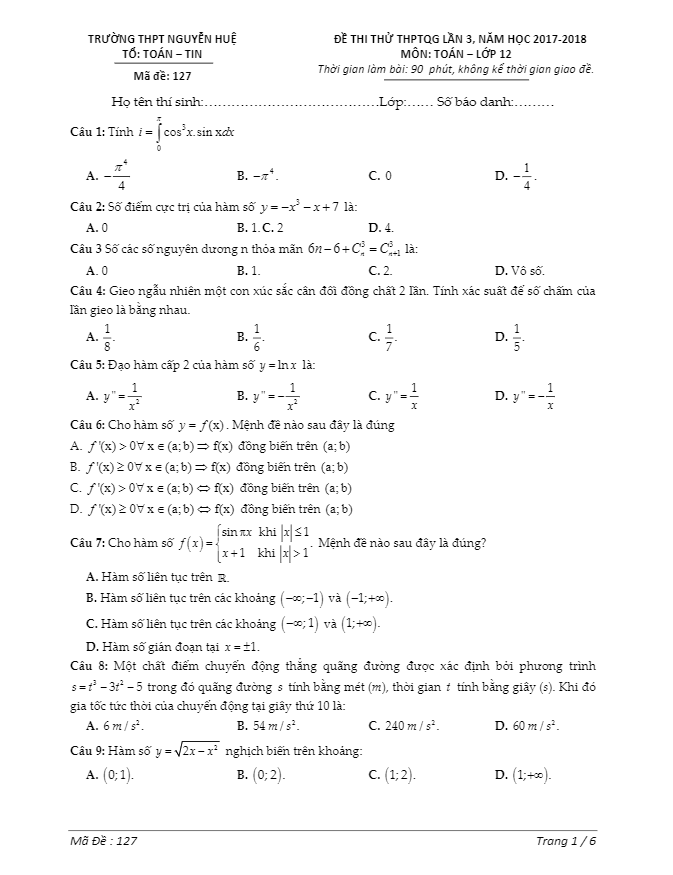 đề thi thử môn toán thptqg 2018 trường thpt nguyễn huệ – ninh bình lần 3