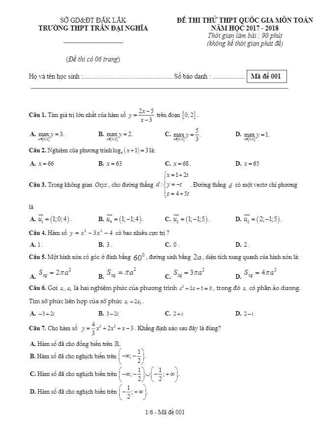 đề thi thử môn toán thptqg 2018 trường trần đại nghĩa – đăk lăk
