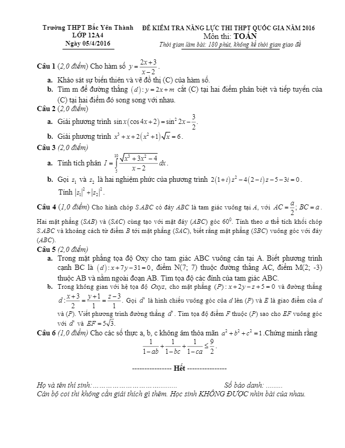 đề thi thử quốc gia 2016 môn toán lớp 12a4 trường bắc yên thành – nghệ an