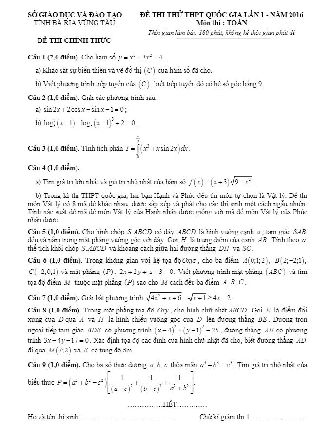 đề thi thử quốc gia 2016 môn toán sở gd – đt bà rịa – vũng tàu lần 1