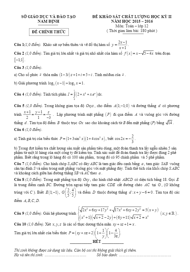 đề thi thử quốc gia 2016 môn toán sở gd và đt nam định