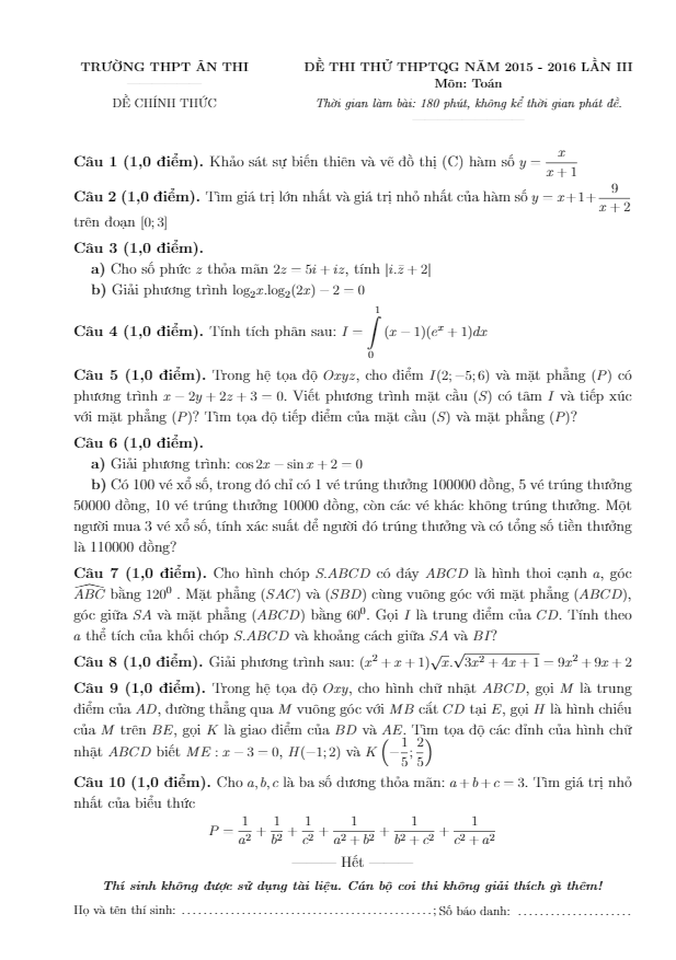đề thi thử quốc gia 2016 môn toán trường ân thi – hưng yên lần 3