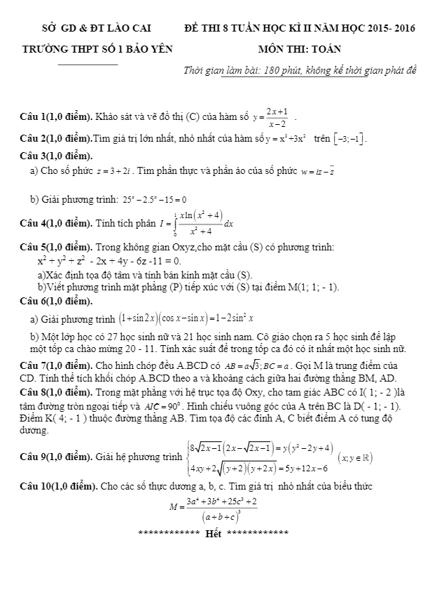 đề thi thử quốc gia 2016 môn toán trường bảo yên – lào cai