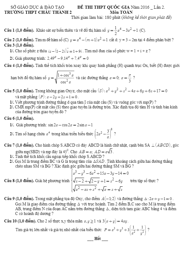 đề thi thử quốc gia 2016 môn toán trường châu thành 2 – đồng tháp lần 2