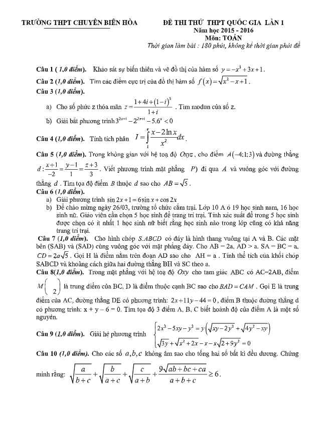 đề thi thử quốc gia 2016 môn toán trường chuyên biên hòa lần 1