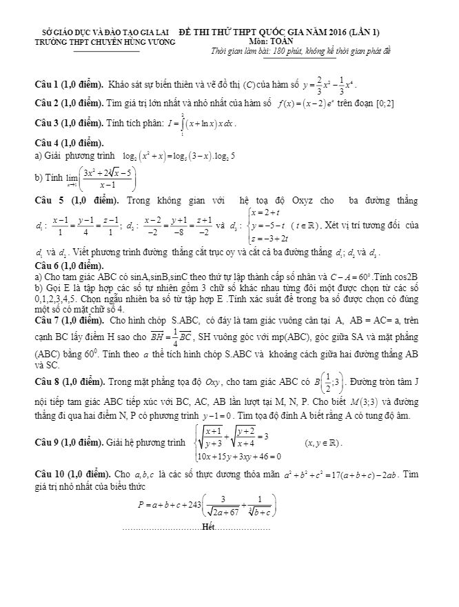 đề thi thử quốc gia 2016 môn toán trường chuyên hùng vương – gia lai lần 1