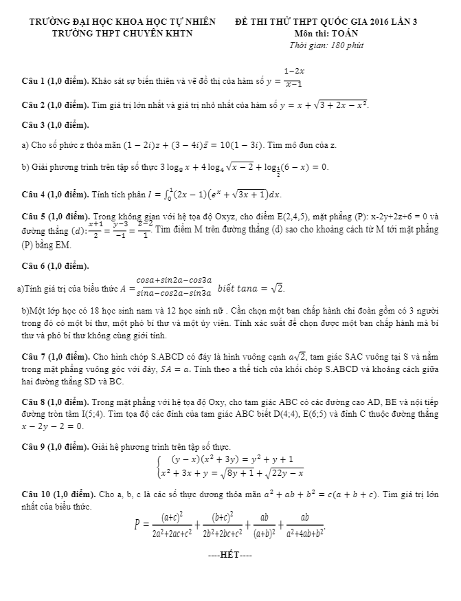 đề thi thử quốc gia 2016 môn toán trường chuyên khtn – hà nội lần 3