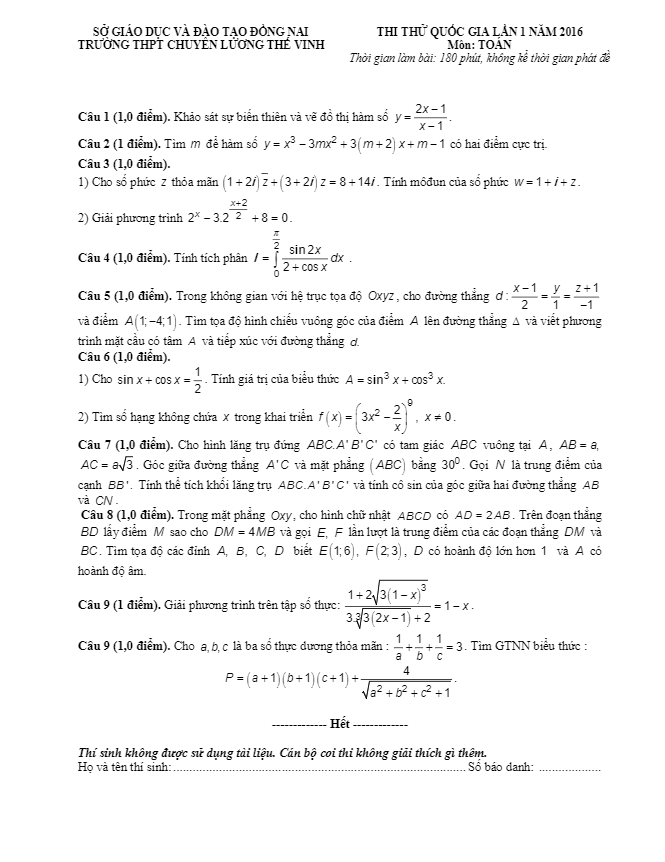 đề thi thử quốc gia 2016 môn toán trường chuyên lương thế vinh – đồng nai lần 1