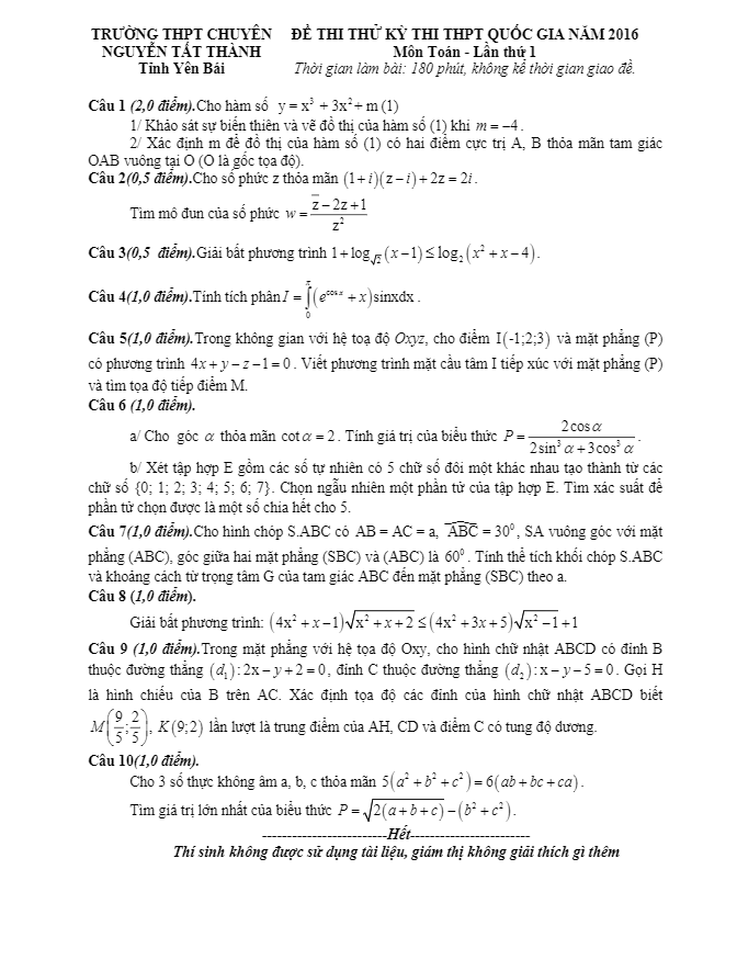 đề thi thử quốc gia 2016 môn toán trường chuyên nguyễn tất thành – yên bái lần 1