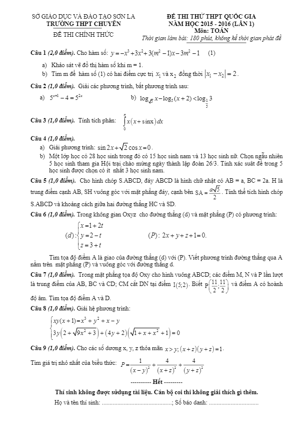 đề thi thử quốc gia 2016 môn toán trường chuyên sơn la lần 1