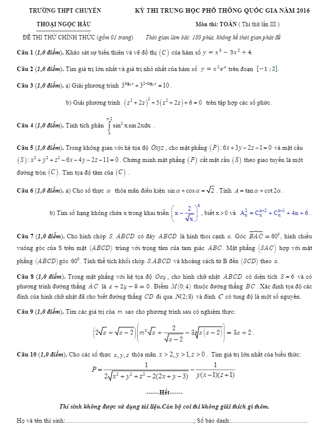 đề thi thử quốc gia 2016 môn toán trường chuyên thoại ngọc hầu lần 3