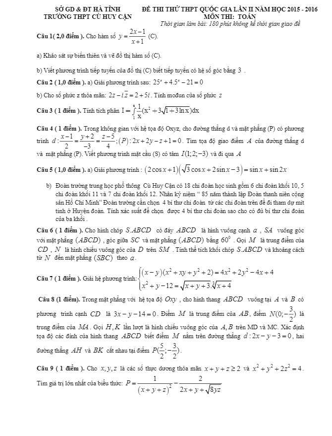 đề thi thử quốc gia 2016 môn toán trường cù huy cận – hà tĩnh lần 2