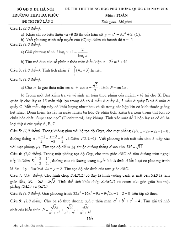 đề thi thử quốc gia 2016 môn toán trường đa phúc – hà nội lần 2