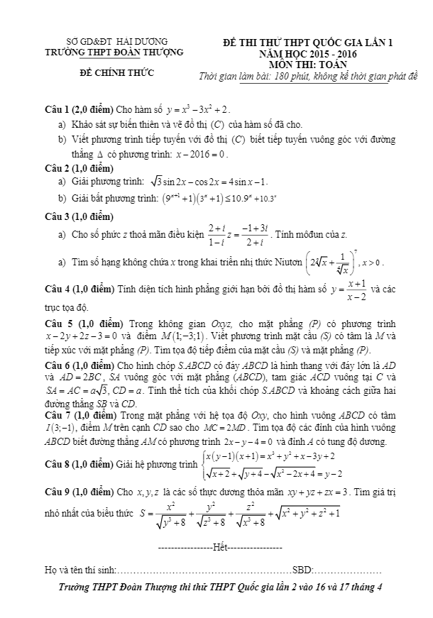 đề thi thử quốc gia 2016 môn toán trường đoàn thượng – hải dương lần 1