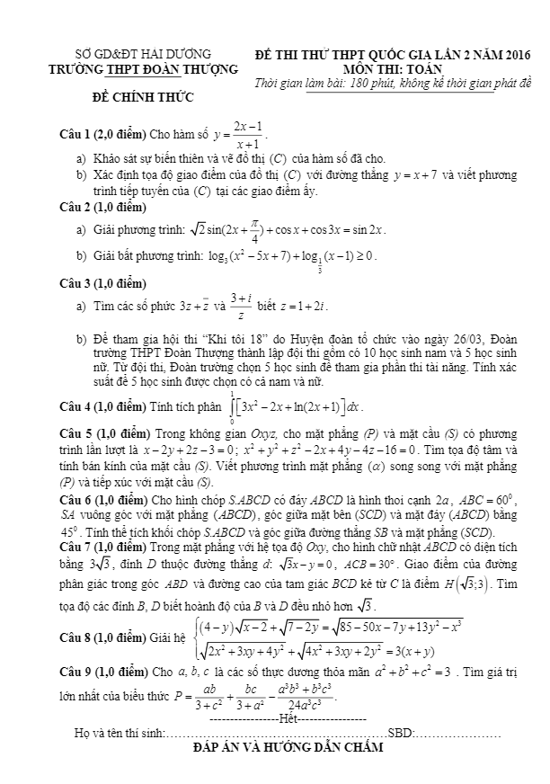 đề thi thử quốc gia 2016 môn toán trường đoàn thượng – hải dương lần 2