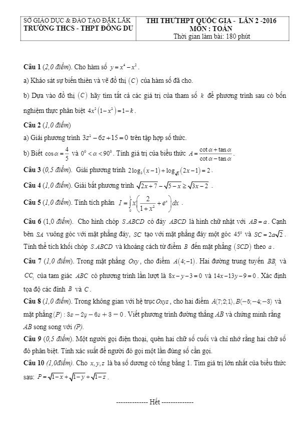 đề thi thử quốc gia 2016 môn toán trường đông du – đăklăk lần 2
