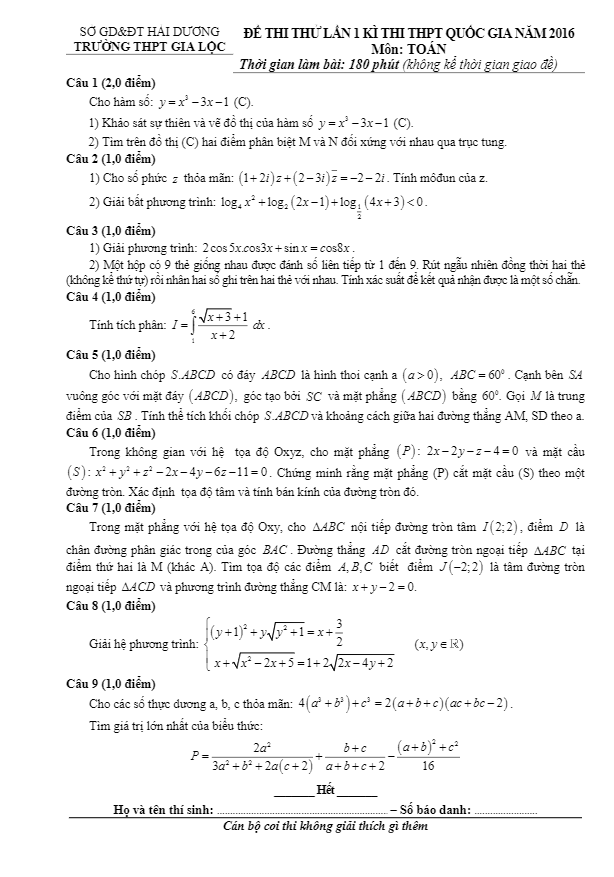 đề thi thử quốc gia 2016 môn toán trường gia lộc – hải dương lần 1