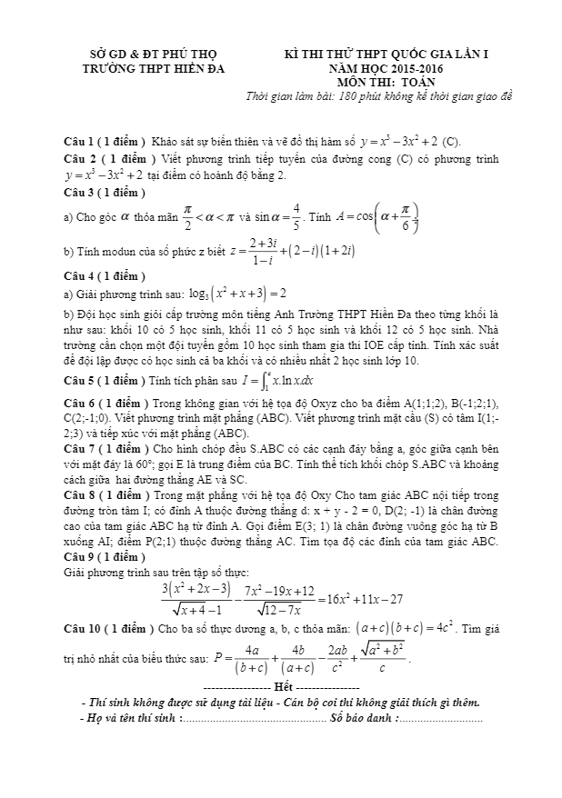 đề thi thử quốc gia 2016 môn toán trường hiền đa – phú thọ lần 1