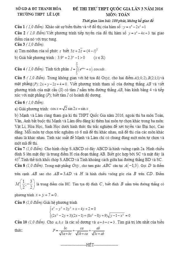 đề thi thử quốc gia 2016 môn toán trường lê lợi – thanh hóa lần 3
