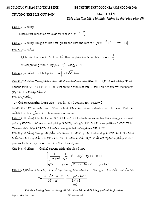 đề thi thử quốc gia 2016 môn toán trường lê quý đôn – thái bình