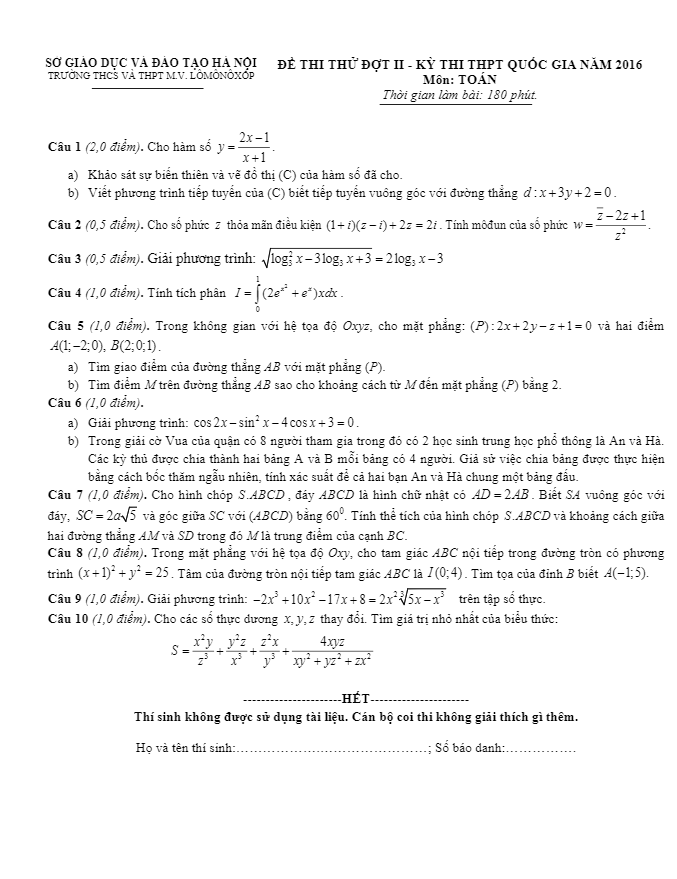 đề thi thử quốc gia 2016 môn toán trường lômônôxốp – hà nội lần 2
