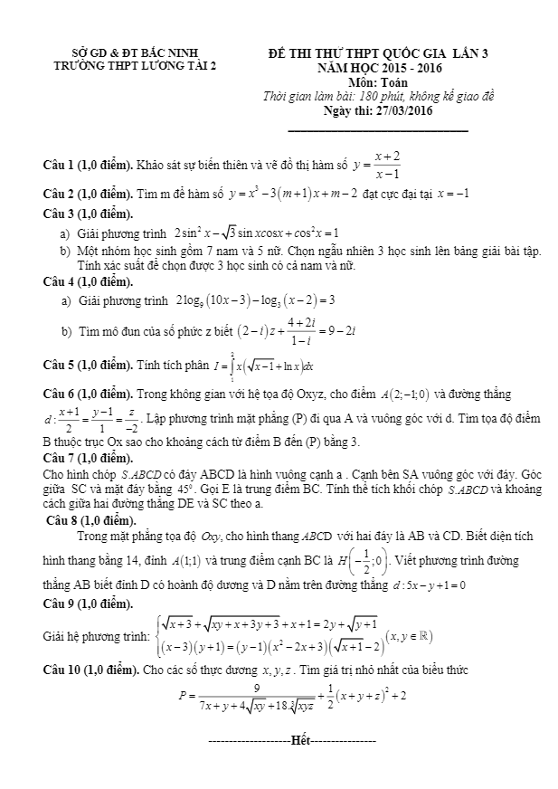 đề thi thử quốc gia 2016 môn toán trường lương tài 2 – bắc ninh lần 3