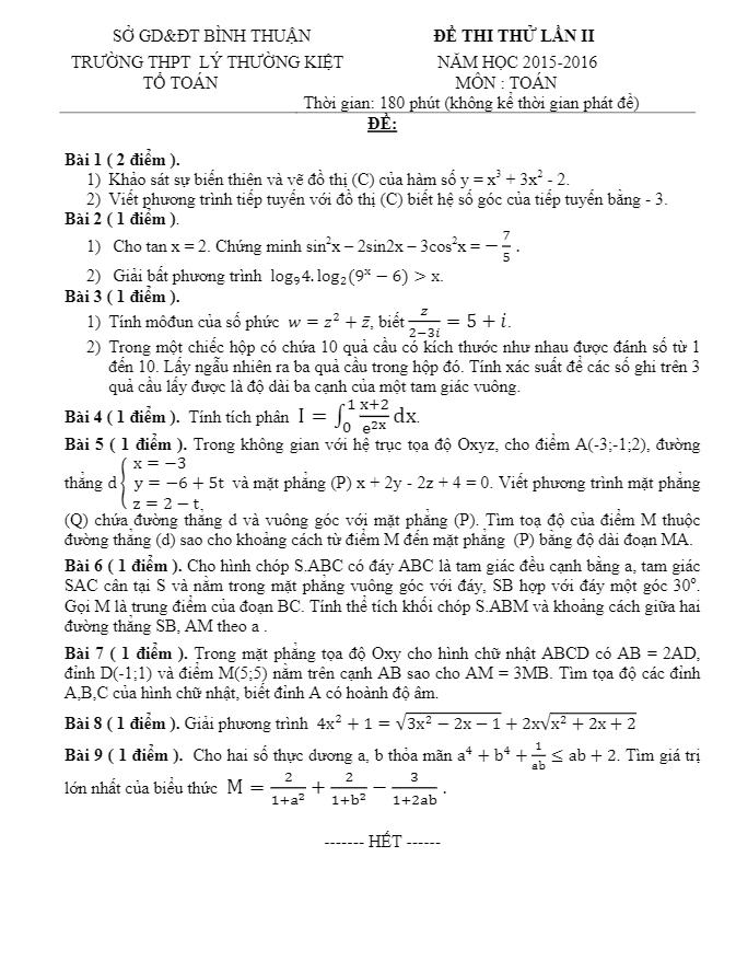 đề thi thử quốc gia 2016 môn toán trường lý thường kiệt – bình thuận lần 2