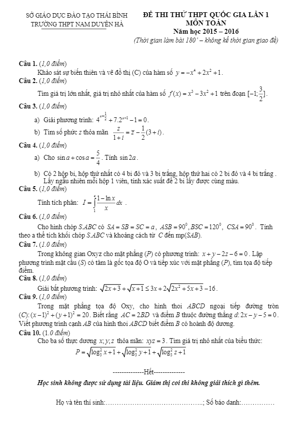 đề thi thử quốc gia 2016 môn toán trường nam duyên hà – thái bình lần 1