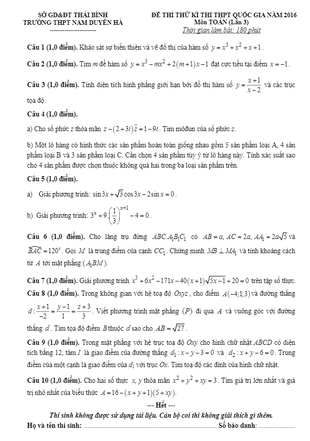 đề thi thử quốc gia 2016 môn toán trường nam duyên hà – thái bình lần 3