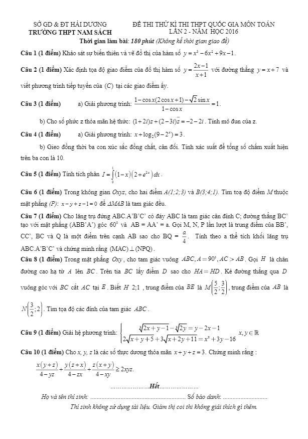 đề thi thử quốc gia 2016 môn toán trường nam sách – hải dương lần 2