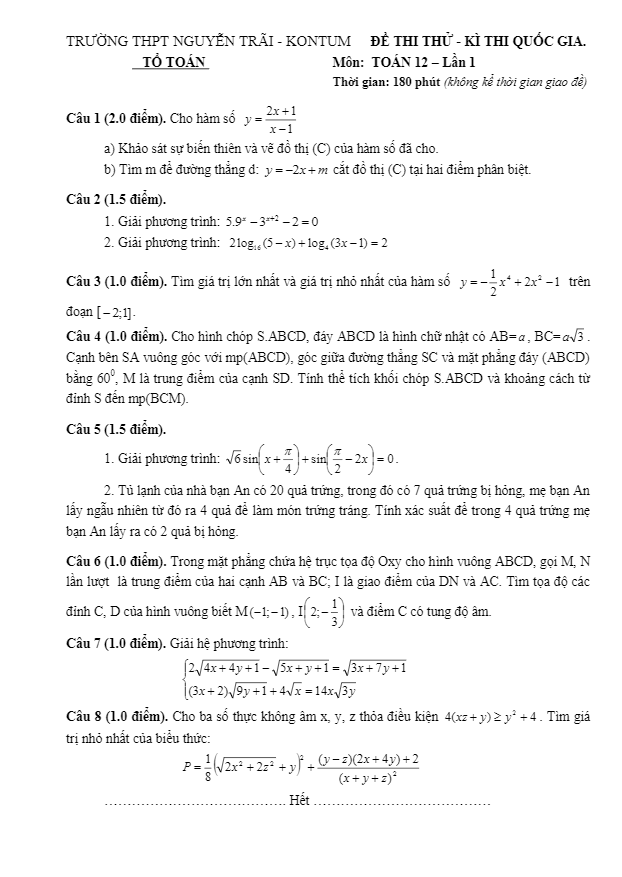 đề thi thử quốc gia 2016 môn toán trường nguyễn trãi – kon tum