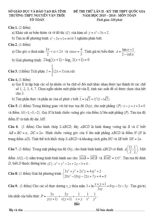 đề thi thử quốc gia 2016 môn toán trường nguyễn văn trỗi – hà tĩnh lần 2