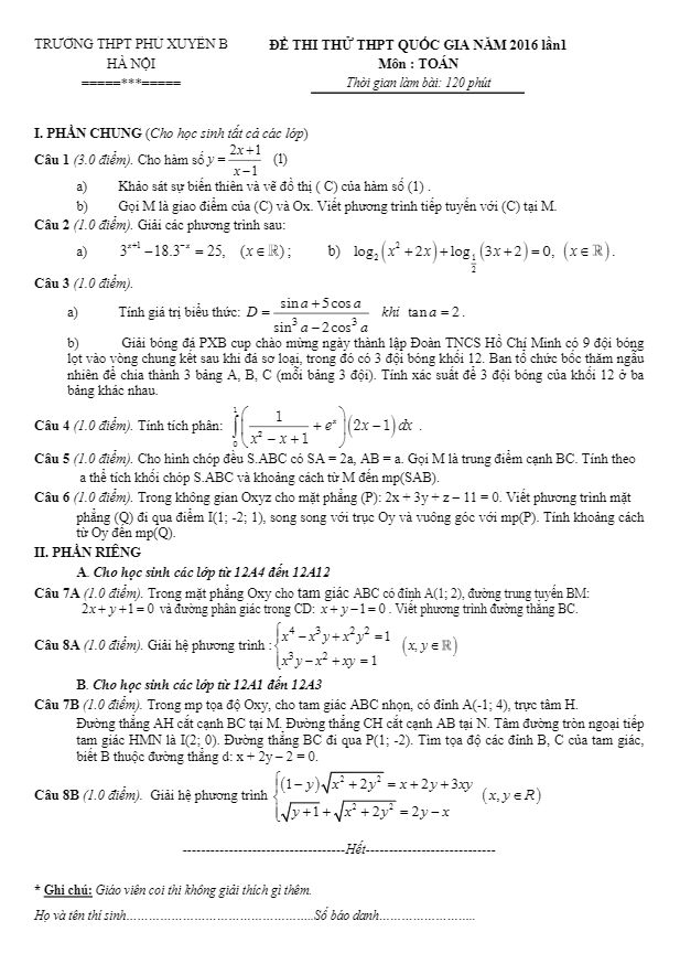 đề thi thử quốc gia 2016 môn toán trường phú xuyên b – hà nội lần 1