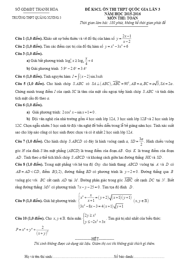 đề thi thử quốc gia 2016 môn toán trường quảng xương 3 – thanh hóa lần 3
