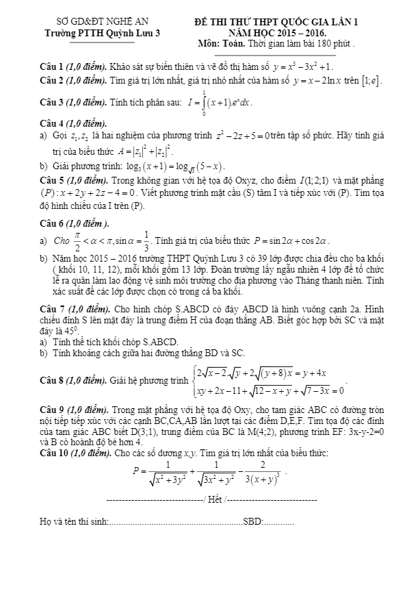 đề thi thử quốc gia 2016 môn toán trường quỳnh lưu 3 – nghệ an lần 1