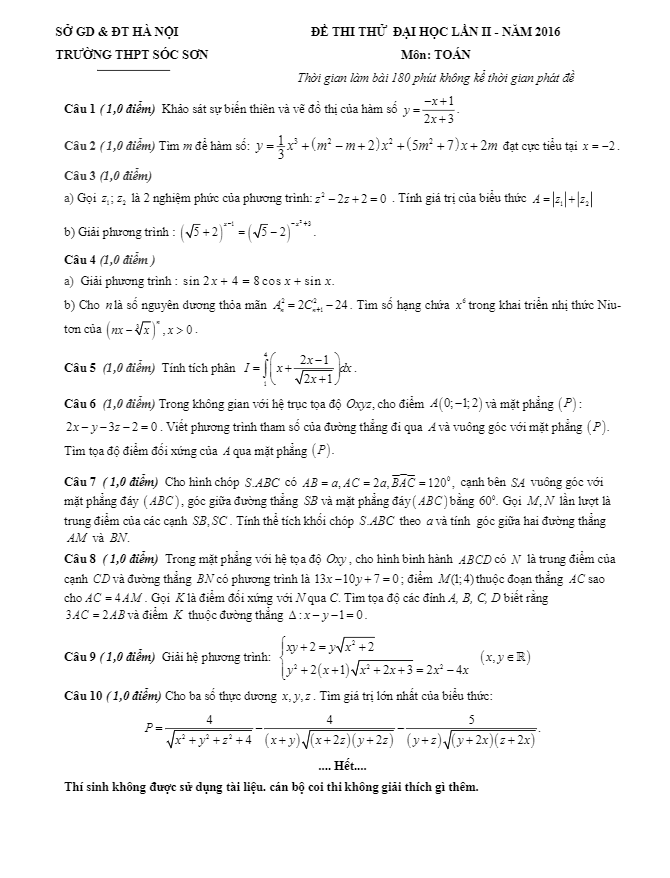 đề thi thử quốc gia 2016 môn toán trường sóc sơn – hà nội lần 2