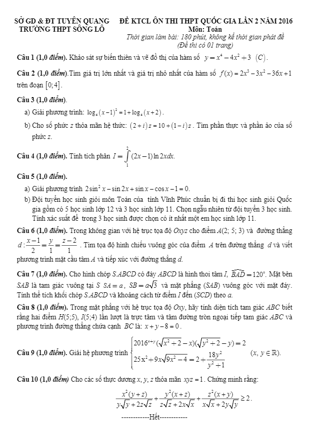 đề thi thử quốc gia 2016 môn toán trường sông lô – tuyên quang lần 2