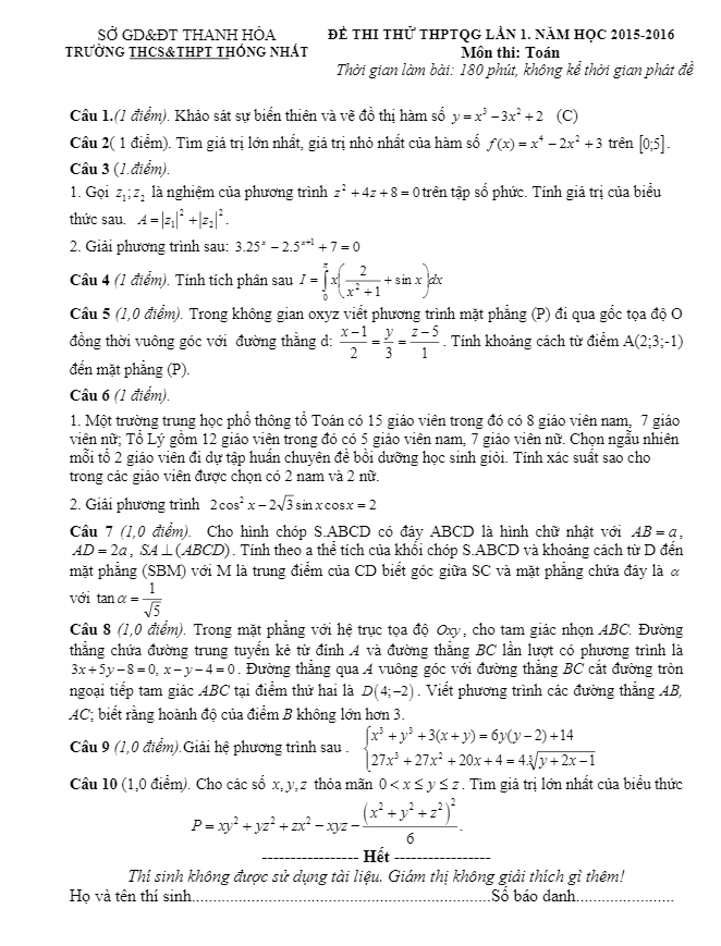 đề thi thử quốc gia 2016 môn toán trường thống nhất – thanh hóa lần 1