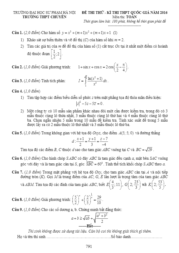 đề thi thử quốc gia 2016 môn toán trường thpt chuyên đhsp hà nội lần 2