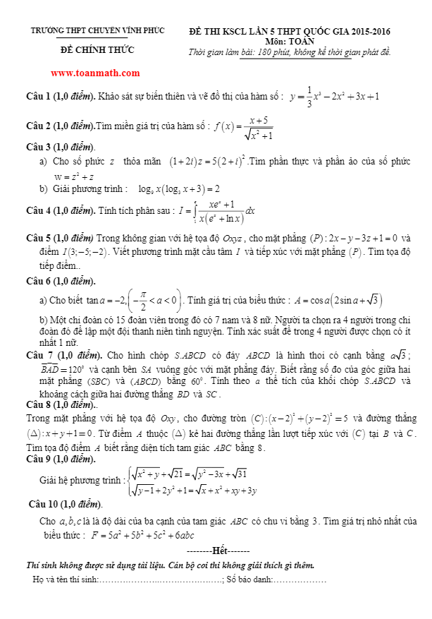 đề thi thử quốc gia 2016 môn toán trường thpt chuyên vĩnh phúc lần 5