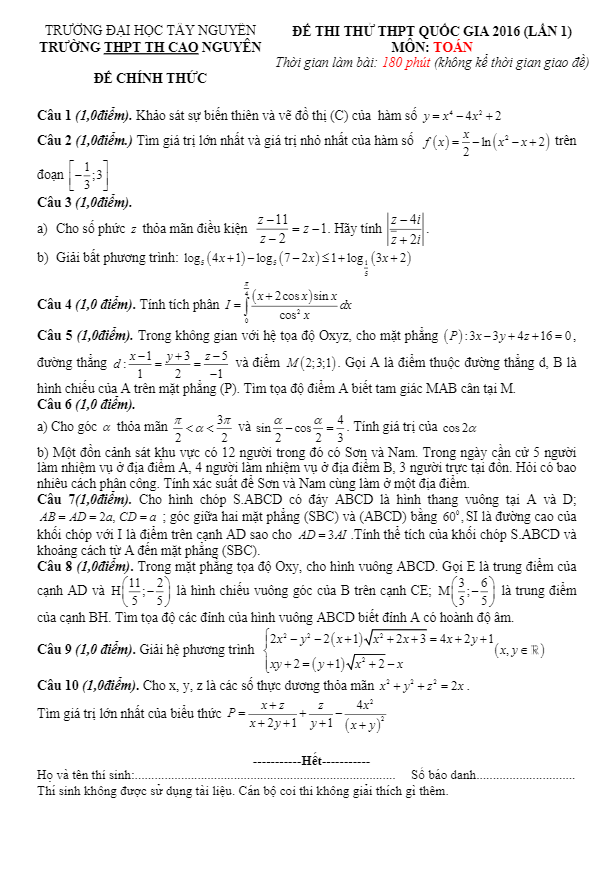 đề thi thử quốc gia 2016 môn toán trường thpt thực hành cao nguyên – tây nguyên lần 1