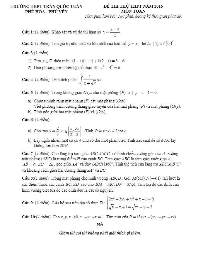 đề thi thử quốc gia 2016 môn toán trường trần quốc tuấn – phú yên