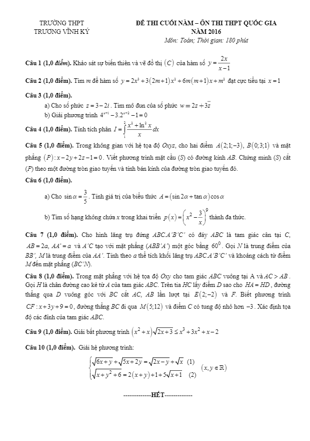 đề thi thử quốc gia 2016 môn toán trường trương vĩnh ký – bến tre