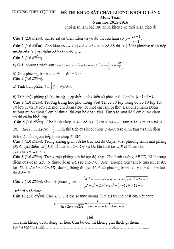 đề thi thử quốc gia 2016 môn toán trường việt trì – phú thọ lần 2