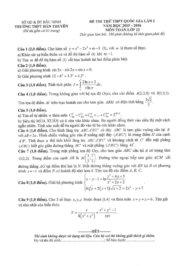 đề thi thử quốc gia môn toán 2016 trường hàn thuyên – bắc ninh lần 2